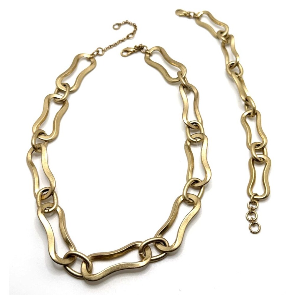 Vintage ANN TAYLOR Chunky Chain Necklace Bracelet Set Satin Gold Tone